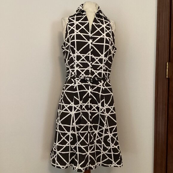 NEW! ANN TAYLOR GEOMETRIC GRID PRINT BELTED A-LINE SLEEVELESS DRESS SZ 6 CLASSIC - Picture 1 of 4